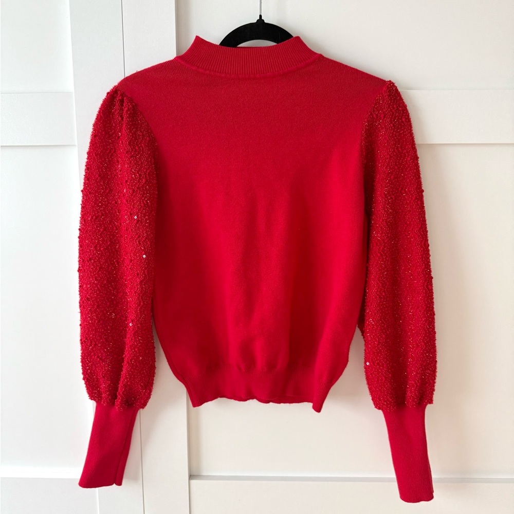 Nanette Lepore Vibrant Red Knit Top with Sequin Sleeves.